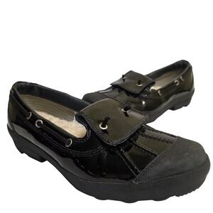 UGG Sz 8 Ashdale Black Patent Shearling Lined‎ Duck Moc Slip On Flats Waterproof